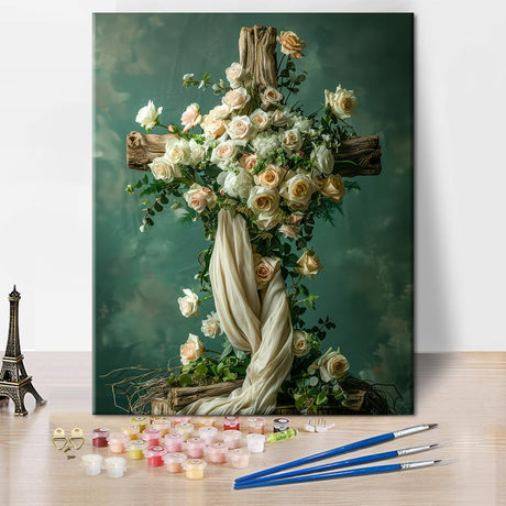 TUMOVO Cross Paint by Number, Elegant Floral Cross and White Roses Adults' Paint-by-Number Kits, Flowers DIY Oil Painting with Brushes and Pigment, Roses Paint by Numbers, 16x20 Inch TUMOVO