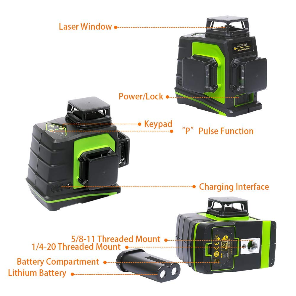 Huepar 3D Green Beam Self-Leveling Laser Level 3 x 360 Cross Line Three-Plane Leveling and Alignment Tool -Two 360 Vertical and One 360 Horizontal Line -Magnetic Pivoting Base GF360G - WoodArtSupply