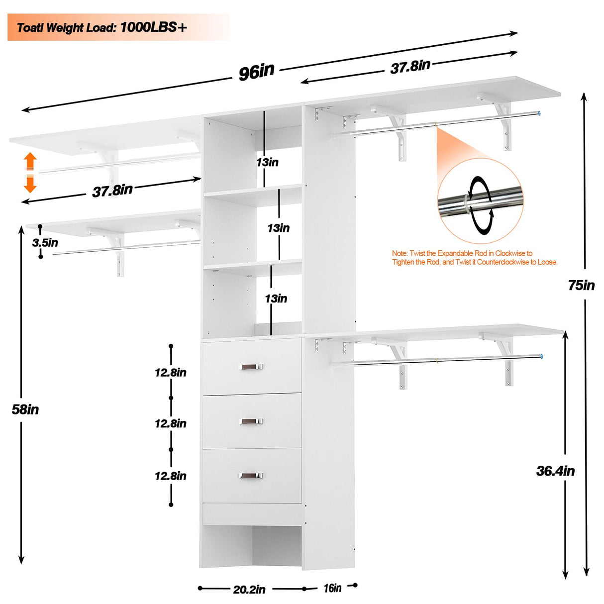 iSunirm 8FT Closet System, 96'' Closet Organizer System with 3 Hanging Rods, Wall Mount Bedroom Wardrobe with 3 Drawers Walk-in Closet, Adjustable Cloth Garment Rack from 5 to 8FT (Cut to Fit), White iSunirm