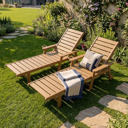 PLUUV HDPE Outdoor Lounge Chairs Set of 2, Patio Chaise Lounge Chairs for Outdside with 5-Position Adjustable Backrest & Cup Holders & Wheels for Patio, Deck, Poolside, Backyard -Brown