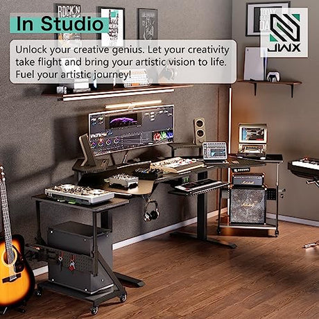 JWX Standing Gaming Desk with Aluminum Alloy Led Lights, 72'' Wing Shaped Large Gaming Studio Music Desk with Slot Design Shelves, for Live Streamer, Social Media Influencer & Music Recording JWX