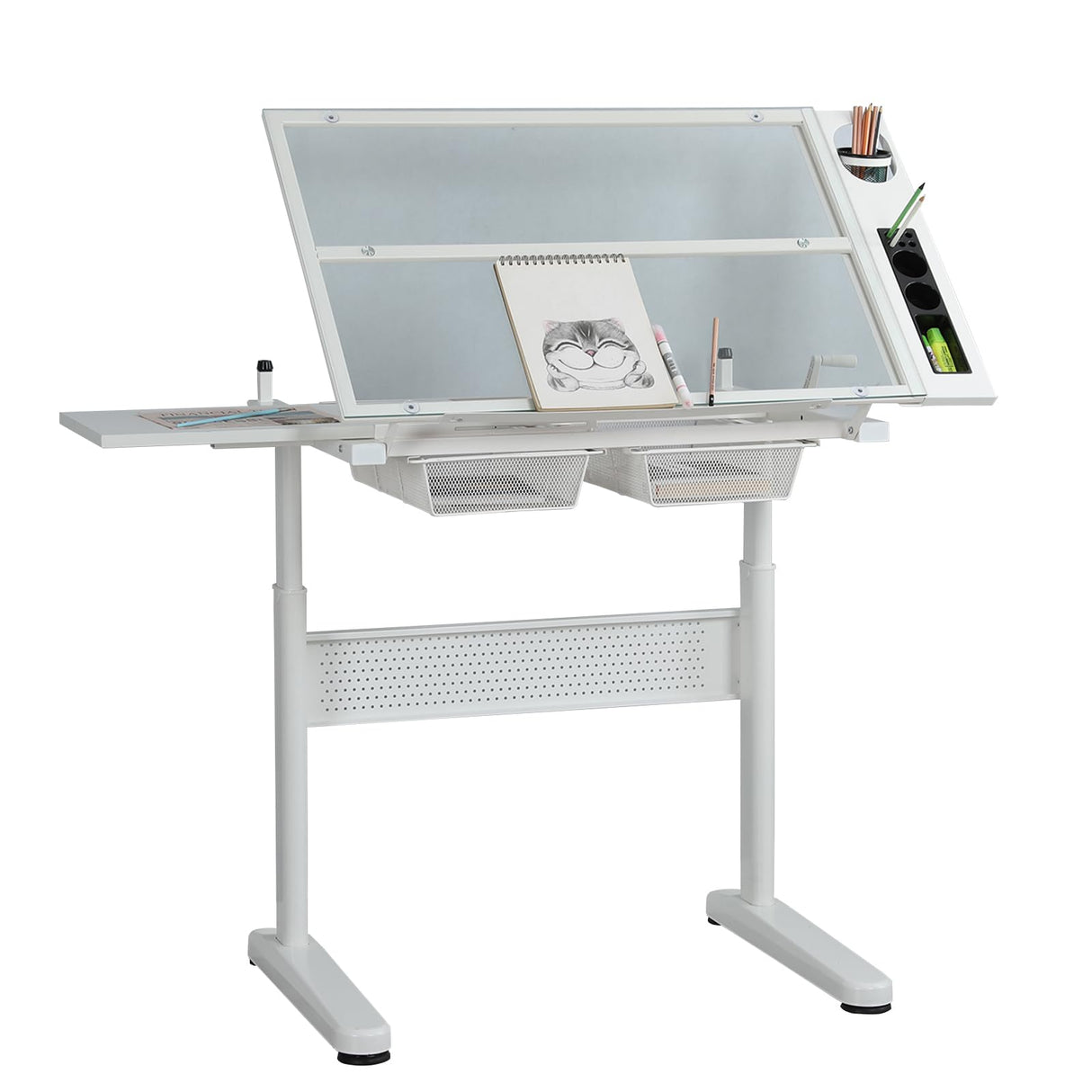 Hand Adjustable Height Drafting Table Artist Drawing Table Multifunctional Art Craft Artists Desk Tilting Glass Tabletop Glass Topped Art Desk Work Station With Stool and Chair for Home Office White CuisinSmart