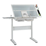 Hand Adjustable Height Drafting Table Artist Drawing Table Multifunctional Art Craft Artists Desk Tilting Glass Tabletop Glass Topped Art Desk Work Station With Stool and Chair for Home Office White CuisinSmart