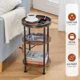 Small Round Side Table with Charging Station for Small Spaces, 3-Tier Round Accent Table with USB Ports & Power Outlets, Round Corner Table Tea Sofa Side Table for Living Room Bedroom (Rustic Brown) ZEXVIDA
