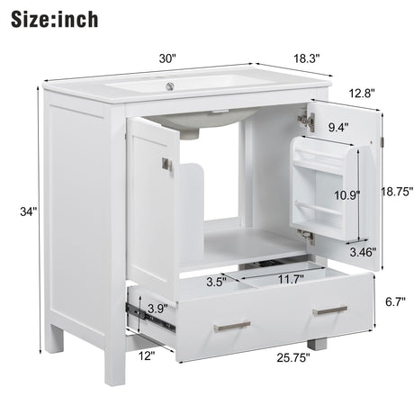 30" Bathroom Vanity with Sink 30 Inch Bathroom Vanity with Top, 2 Doors and a Drawer, Soft Closing, Modern Bathroom Vanity with Sink 30" for Bathroom No Mirror (White) Mirightone