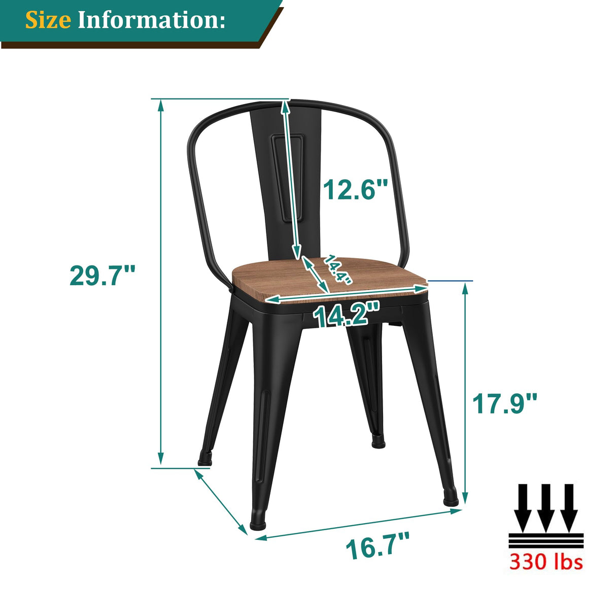 18 Inch Metal Dining Chairs Set of 4,Arlunar Farmhouse Chairs Black Dining Room Chairs Stackable with Back and Wooden Seat bar stools Arlunar home