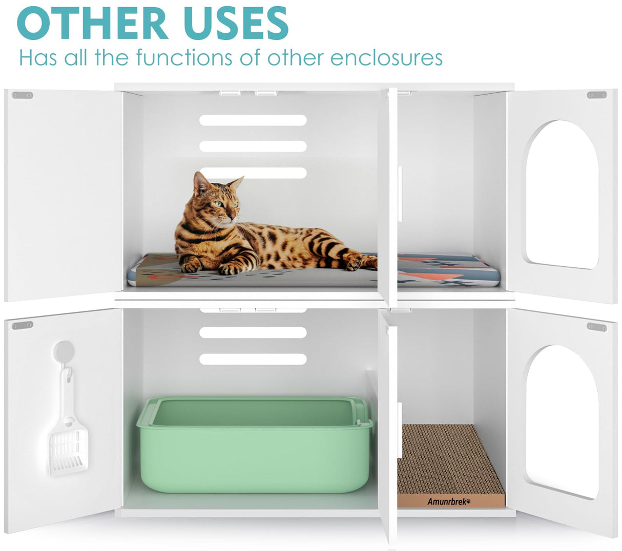 Amunrbrek Litter Box Enclosure, Cat Litter Box Enclosure Furniture, Wooden Litter Box Furniture with 2 Enclosure Liner (White) amunrbrek