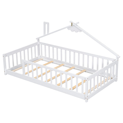 Mirightone Twin Size Floor Bed with House-Shaped Roof and Fence Guardrails - Solid Wood Montessori Design in White