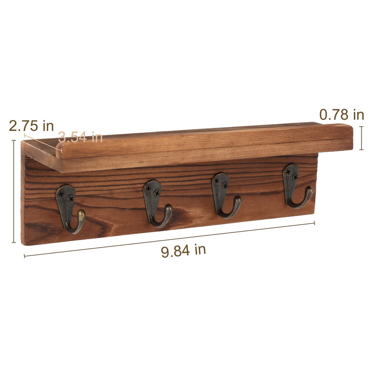 HRONRAD Rustic Key Holder for Wall, Farmhouse Wall Shelf with 4 Hooks, Wall Mounted Key Racks, Wooden Mail Organizer with Hooks for Entryway (Brown - Pine) HRONRAD