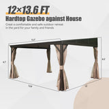 Domi 12' x 14' Lean to Gazebo with Aluminum Frame, Wall Mounted Gazebo Hardtop Galvanized Steel Sloping Roof with Curtains and Netting for Patio Deck Backyard Lawn Party domi outdoor living