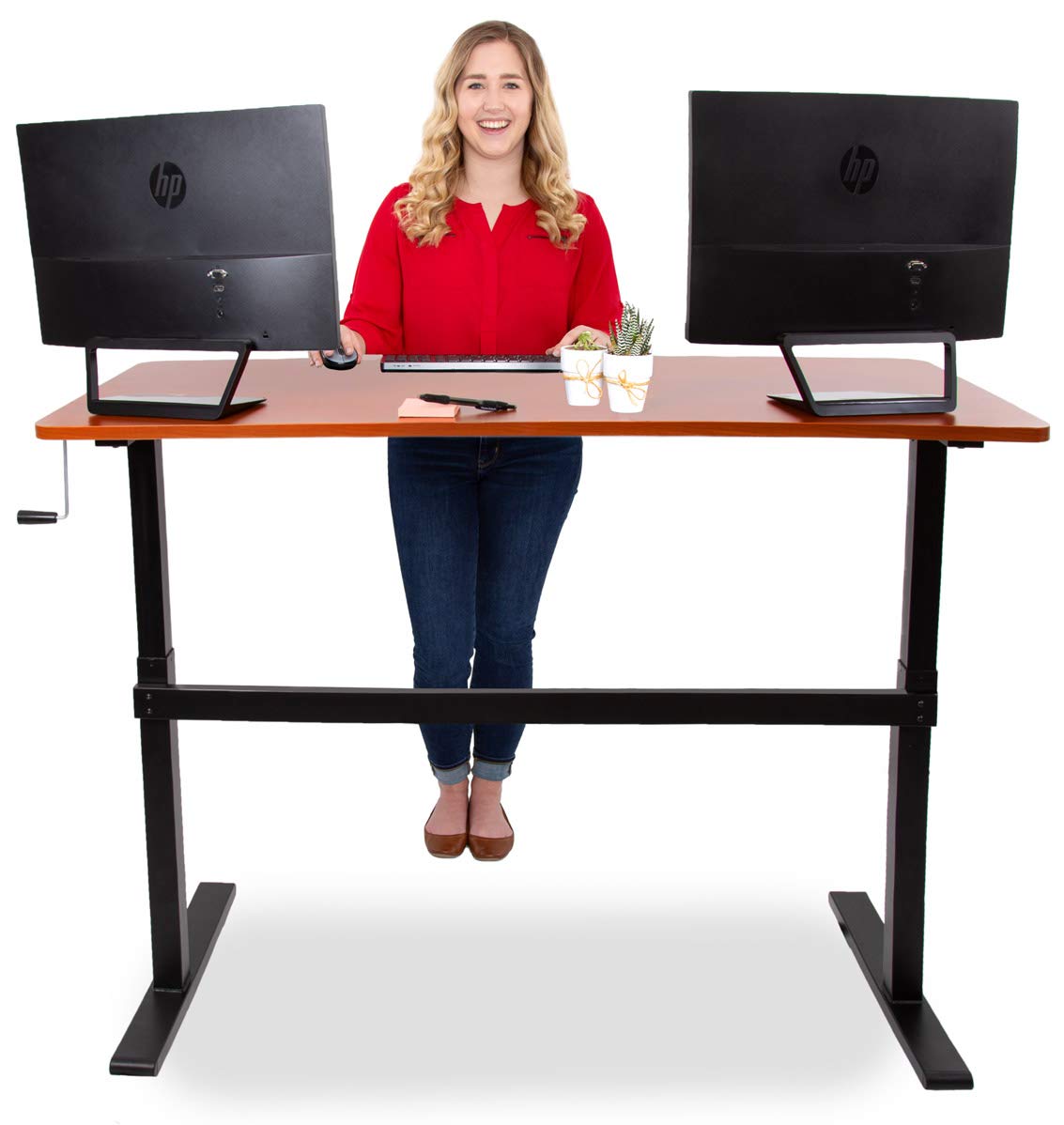 Stand Steady Tranzendesk | 55 Inch Standing Desk with Detachable Wheels | Crank Height Adjustable Sit to Stand Workstation | Modern Ergonomic Desk Supports 3 Monitors  (Cherry)