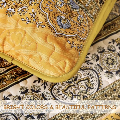 WONGS BEDDING Boho Queen Quilt Set, Yellow Orange Bohemian Queen Quilt Bedding Set, Lightweight Microfiber Bed Decor Bedspread for All Season 96"x90"(3 Pieces) WONGS BEDDING