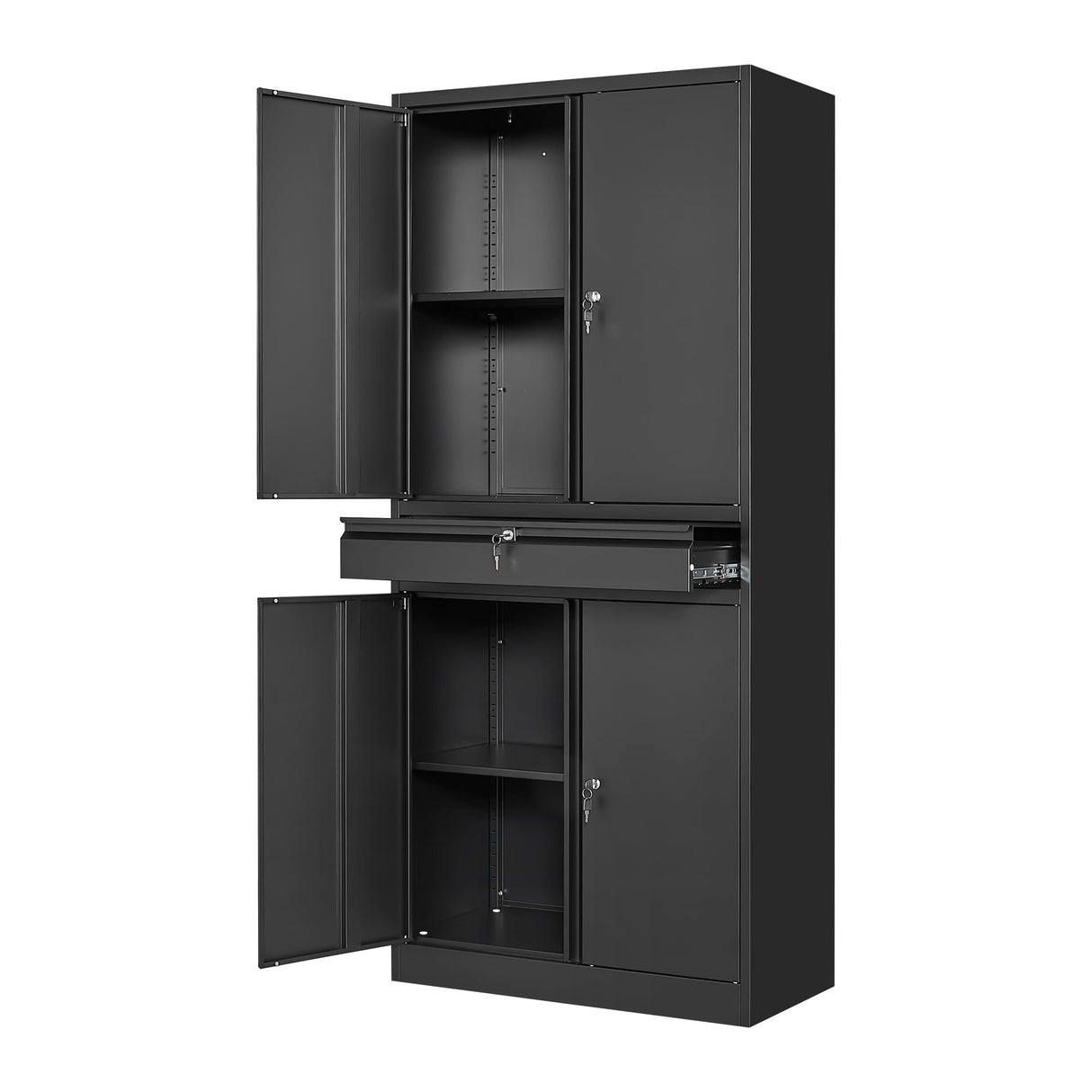 STANI Metal Garage Storage Cabinets with Drawer, 4 Doors Tool Storage Cabinet with 2 Adjustable Shelves, 71"-Lock Steel Locking Cabinet for Garage Utility Room Home Office (Black, 0 Wheel-71 H) STANI