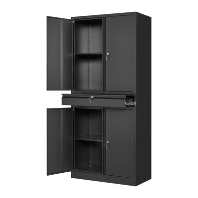 STANI Metal Garage Storage Cabinets with Drawer, 4 Doors Tool Storage Cabinet with 2 Adjustable Shelves, 71"-Lock Steel Locking Cabinet for Garage Utility Room Home Office (Black, 0 Wheel-71 H)