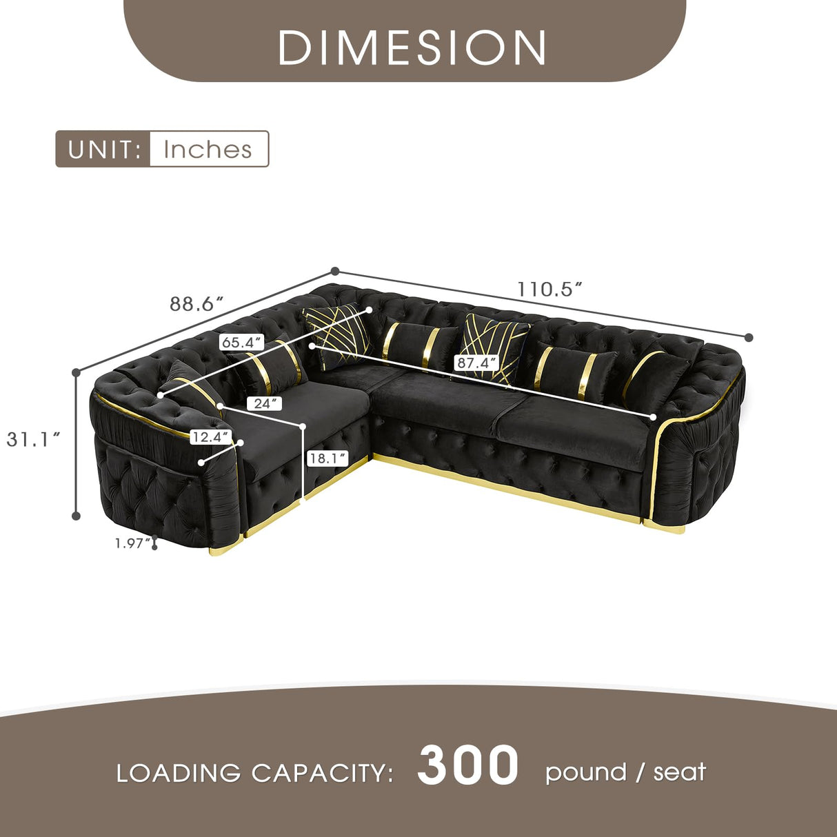 110.5" Luxury Velvet L Shape Chesterfield Sofa Set with Glod Metal Accents, Oversize Victorian Curved Arm Sofa Sectional Couches for Living Room with 7 Pillows, Left Chaise, Black WIN FORCE