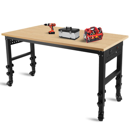 Adjustable Workbench, 72"×24" Garage Worktable with Power Outlet & Universal Wheels, Lift Height 30"-39", Heavy Duty 2000 LBS Load Capacity Hardwood Workbench Suitable for Workshop, Office, G - WoodArtSupply