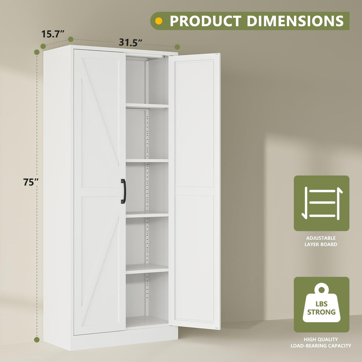 RAVIGIN Farmhouse Storage Cabinet,75" H Metal Pantry Cabinet with Barn Doors and Adjustable Shelves,75" H 6-Tier Rustic Pantry Organizers for Kitchen,Dining Room,White RAVIGIN