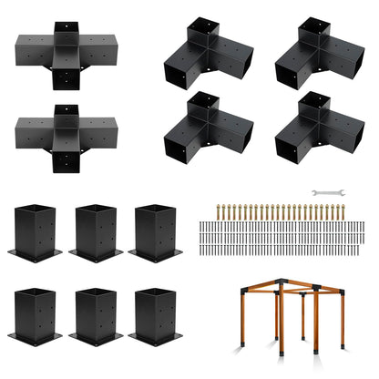 AIKOSIN Pergola Brackets Kit 4x4(Actual: 3.5x3.5'') 3-Way and 4-Way Right Angle Corner Bracket with Pergola 6 Post Base,Gazebo Kit,Patio Pergolas, Log Cabin Outdoor Pergola Hardware for 4x4 Lumber