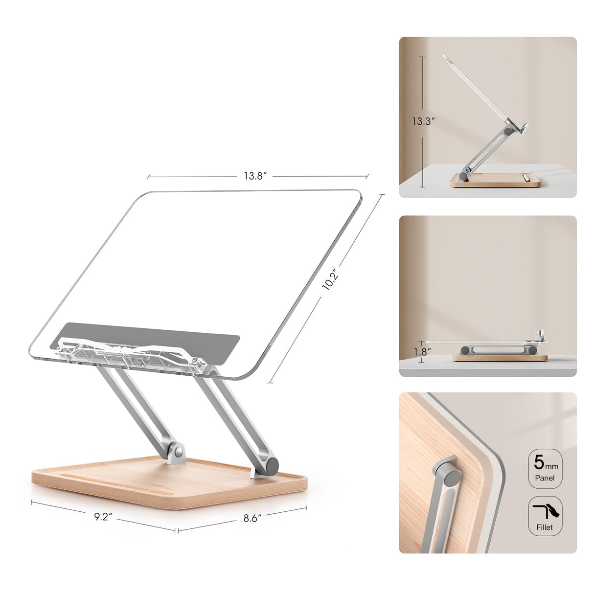 Adjustable Acrylic Book Stand for Reading, Book Holder with Pen Slot, Foldable Desktop Riser for Laptop, Recipe, Textbook - Hands-Free,Cookbook Stand, Clear Design with Page Clips UPERGO