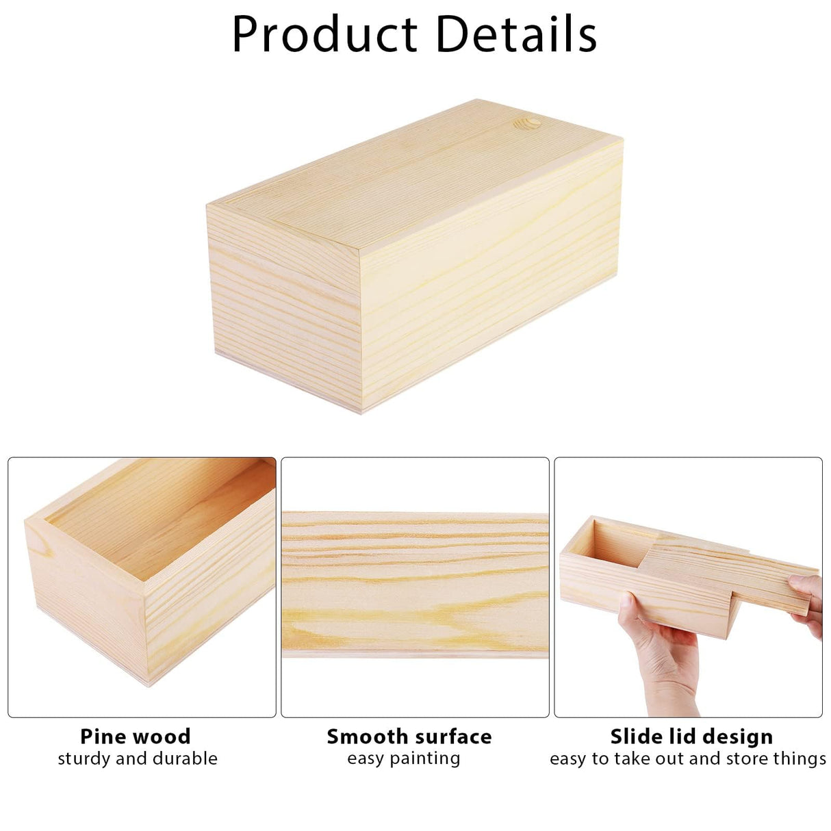 Aodaer 3 Pack Unfinished Wooden Box with Slide Lid, Blank Pine Wood Box Case Container Wood Jewelry Box for Storage, Arts, Crafts, Hobbies, Sewing, Keepsakes, Jewelry Aodaer