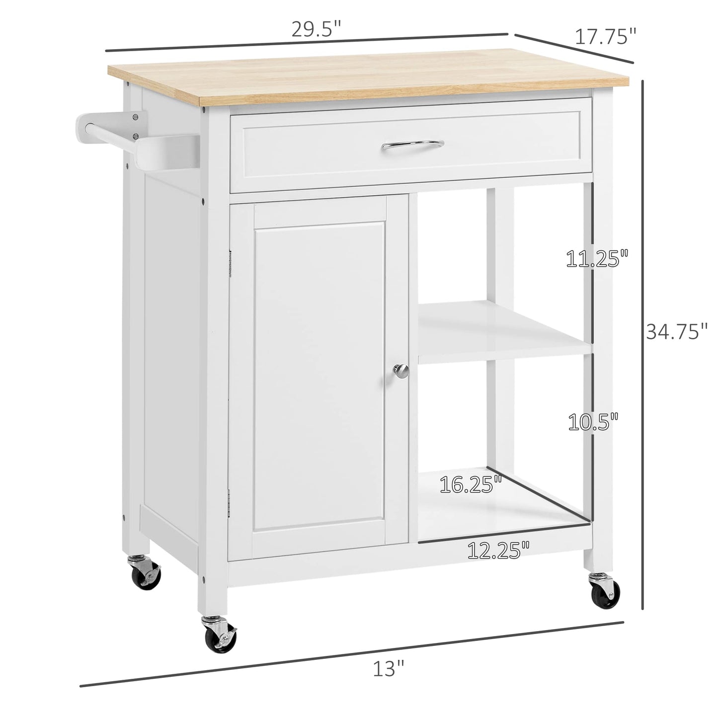 HOMCOM Kitchen Island Cart, Rolling Kitchen Island with Storage Shelf, Solid Wood Top, Drawer, for Dining Room, White