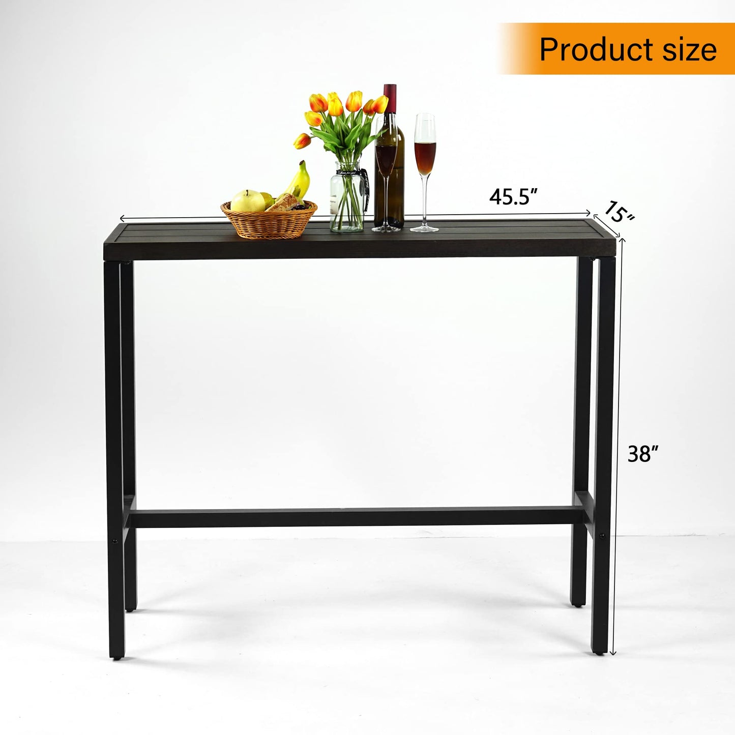 MEOOEM Outdoor Counter Height Bar Table with Wood-Like Metal Top for Patios and Gardens