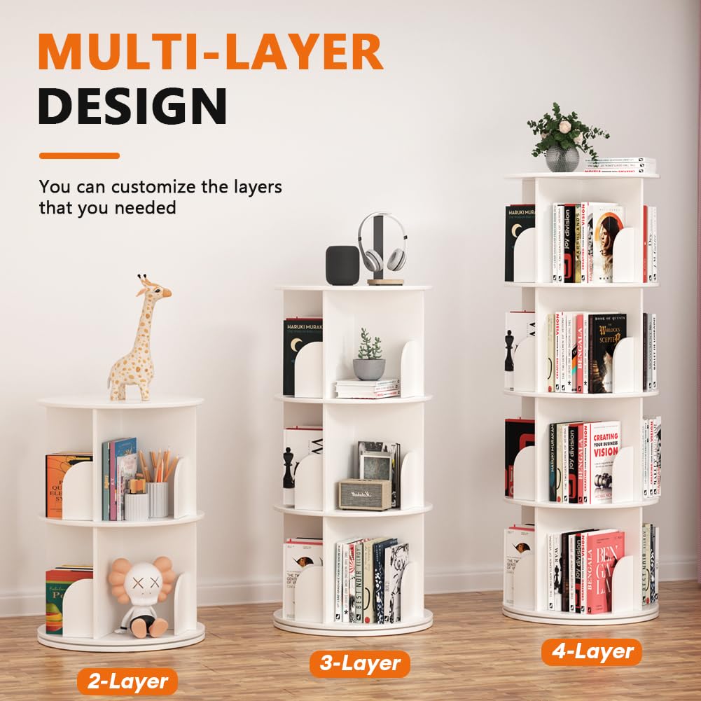 Nidouillet Rotating Bookshelf, 4 Tier Spinning Bookcase Tower Lazy Susan, Revolving 360 Book Shelf Storage Round Organizer, Vertical Rotate Turning Corner Book Case for Small Space, White Nidouillet