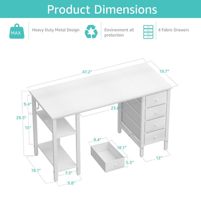 Lufeiya White Computer Desk with Drawers & Storage Shelves, 47 Inch Study Work Writing Desk for Home Office Bedroom, Simple Modern Cute PC Desks Table, White - WoodArtSupply