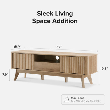 mopio Brooklyn Mid-Century Modern TV Stand, for TVs up to 50” Waveform Panel, Sleek Curved Profile with Adjustable Shelf and Sturdy Box Frame Leg (Golden Oak, 57") mopio