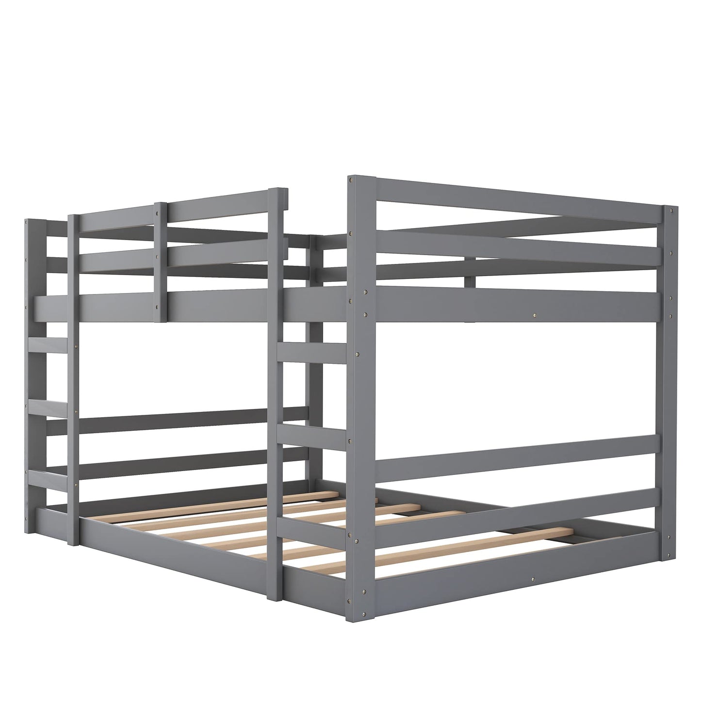 Low Profile Full Over Full Bunk Bed Frame with Ladder - Solid Wood Design in Grey for Kids and Teens - WoodArtSupply