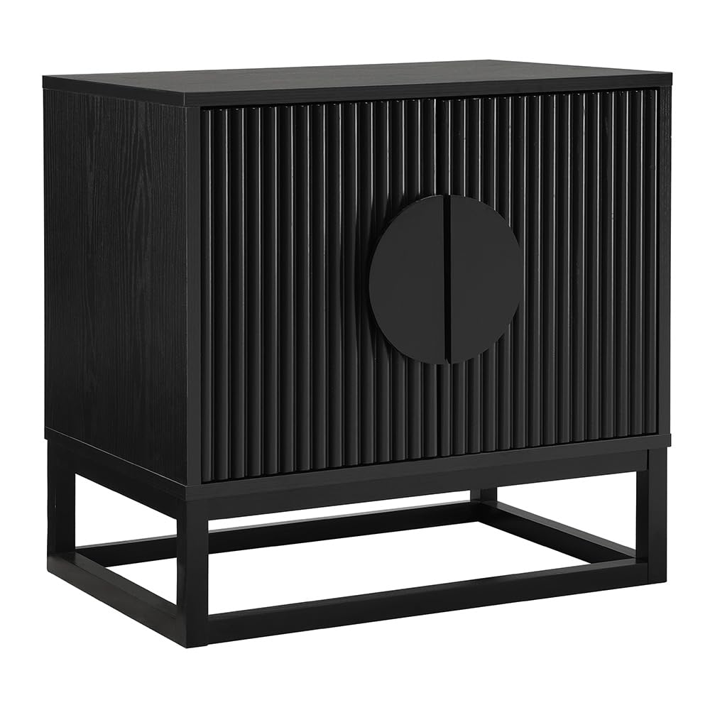 conifferism Modern Black Night Stand 24" Wide with Solid Wood Doors, Bedroom Nightstand 24" Tall Bedside Tables, Mid Century Vintage Fluted Sofa End Side Table Living Room conifferism