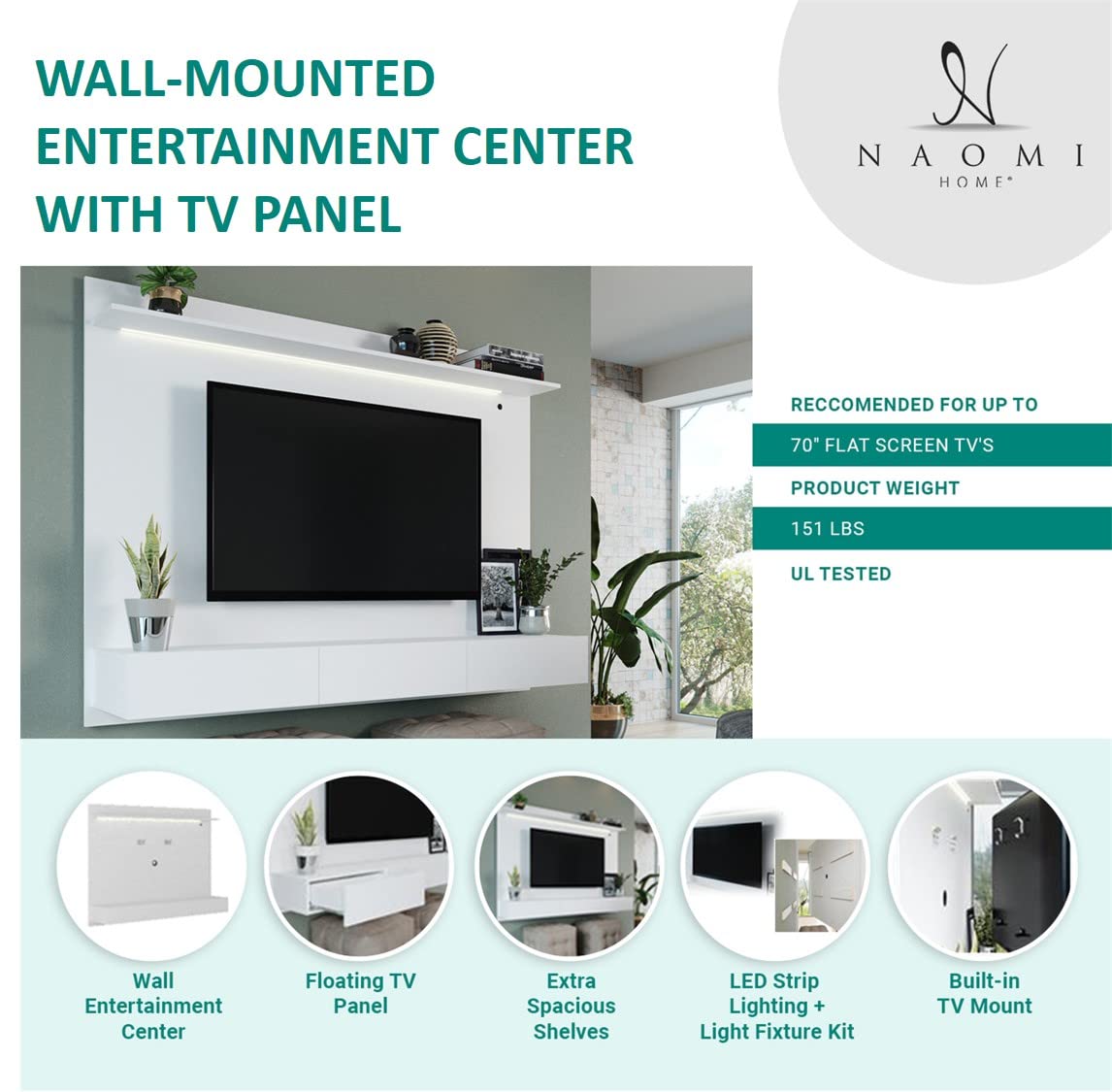 Modern Freestanding Floating Entertainment Center Floating TV Stand Wall Mounted TV Wall Panel for 75 inch TVs Home Theater with LED Strip Pull - Out Drawers and Overhead Shelf Natural Naomi Home