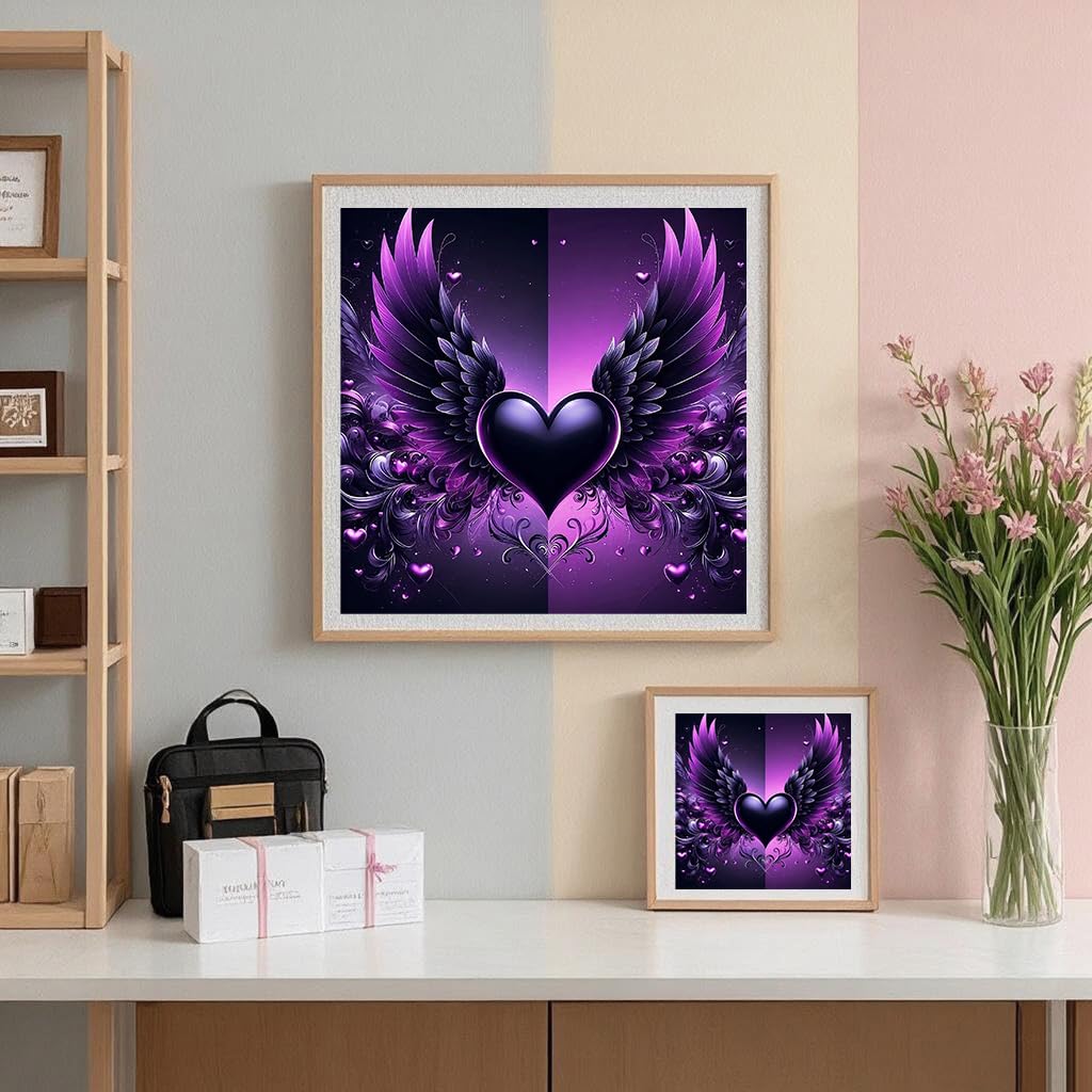 ijbnhd Angel Wings Diamond Art Kits for Adults - Purple Heart Diamond Painting Kits for Beginners, DIY Heart Gem Art Crafts Full Round Drill for Home Walls Decor 12X12Inch ijbnhd