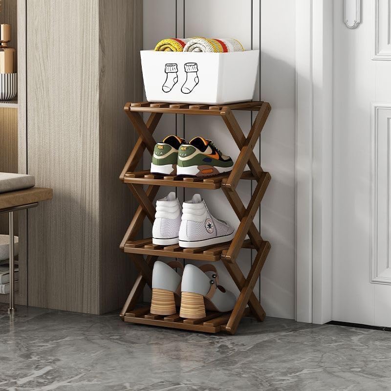 XZXWZX Shoe Rack, Bamboo Foldable Shoes Organizer Free Standing Shelf for Entryway, Closet, Bedroom, Hallway, | Natural | Functional | Multifunctional Shoe Rack (Wood Color) 4 Layers XZXWZX