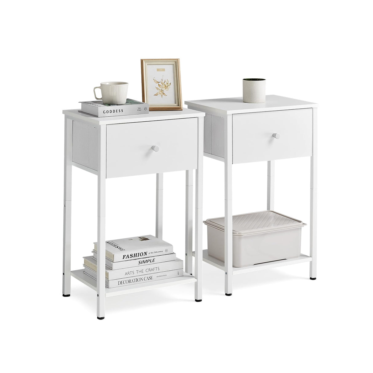 VASAGLE Nightstands, Set of 2 Side Tables with Fabric Drawer, 24-Inch Tall End Tables with Storage Shelf, Bedroom, White ULGS221W14 VASAGLE
