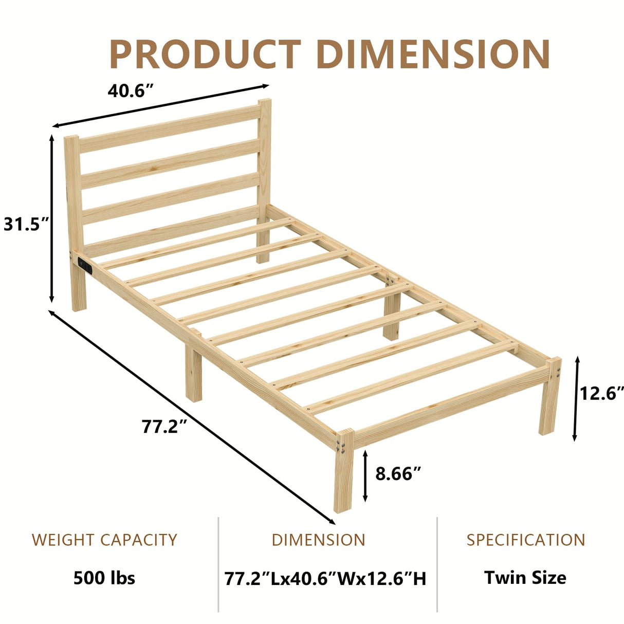 PUNICE Wooden Twin Size Bed Frame with Headboard, Wood Platform Bed Frame with Charging Station, Solid Wood Slat Support, 8.6 Inch Space Underneath, No Box Spring Needed, Easy Assembly PUNICE