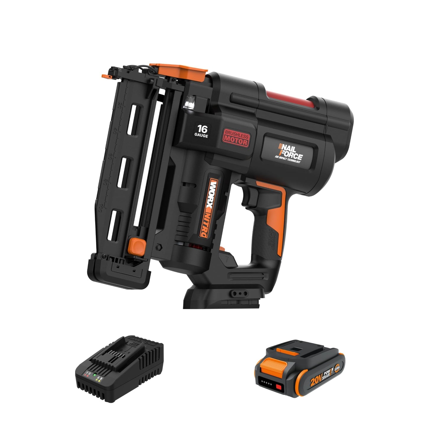 Worx Nitro 20V 16GA Finish Nailer Cordless 70 Nails/Min Sinks Up to 2-1/2", Compact Cordless Nail Gun w/Tool-Free Jam Release, Brushless Nail Gun Battery Powered WX841L – Battery & Charger In - WoodArtSupply