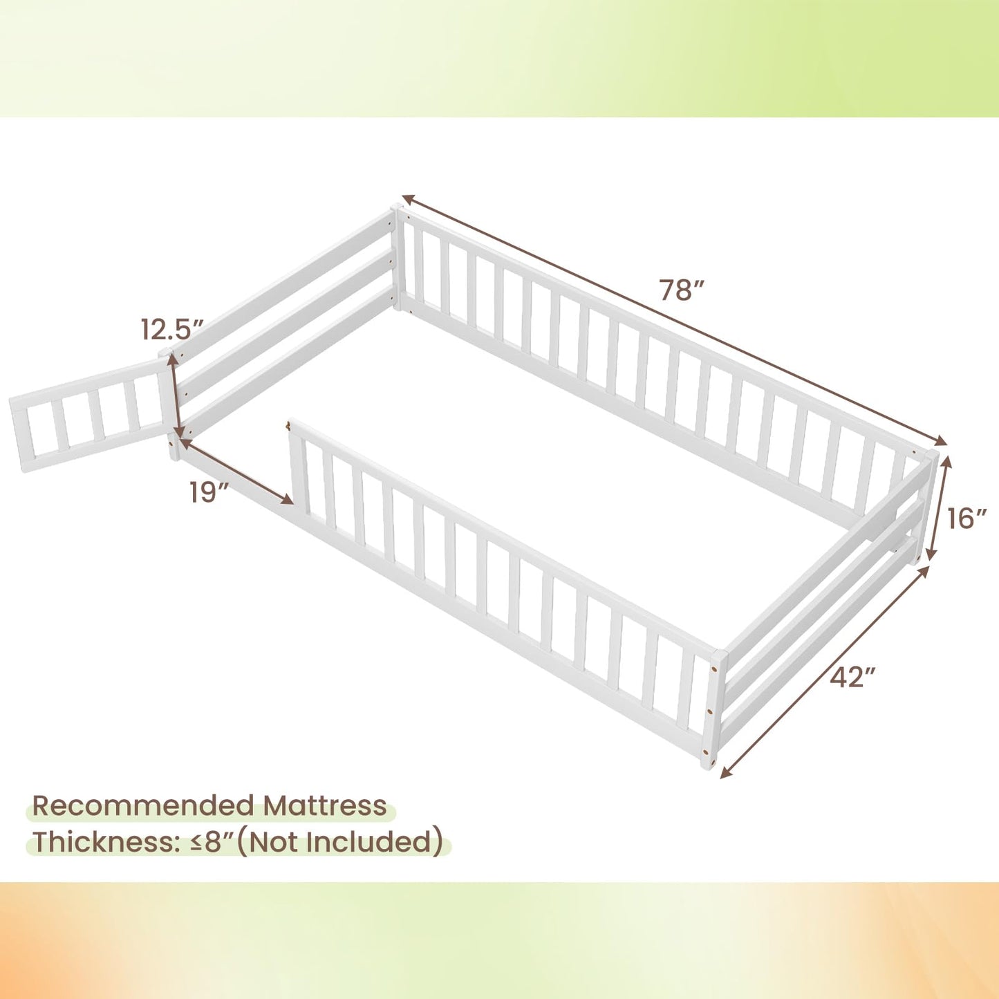 Giantex White Montessori Twin Floor Bed with Safety Guardrails and Lockable Door for Kids - WoodArtSupply