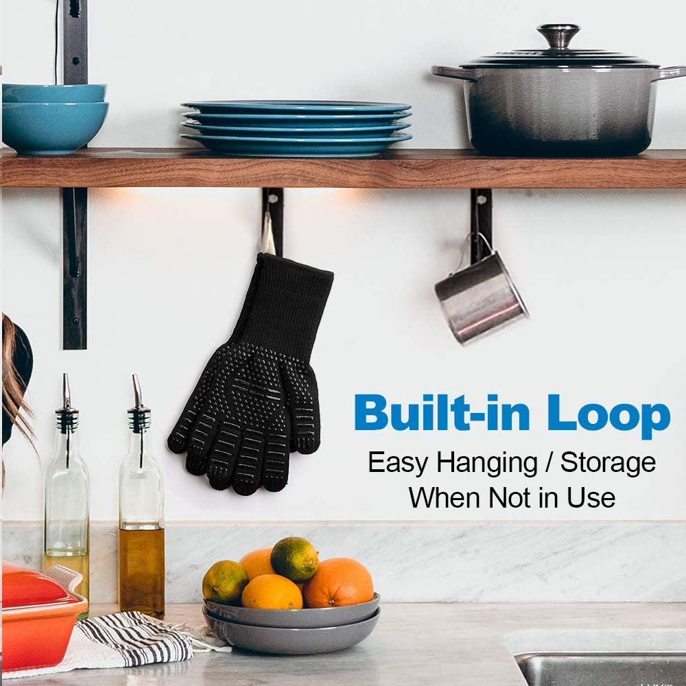 Heat Resistant BBQ Gloves for Hot Temperature Cooking, Barbecue Grilling or Baking Bread Pizza, Safe Oven Mittens with Fingers MOAMI