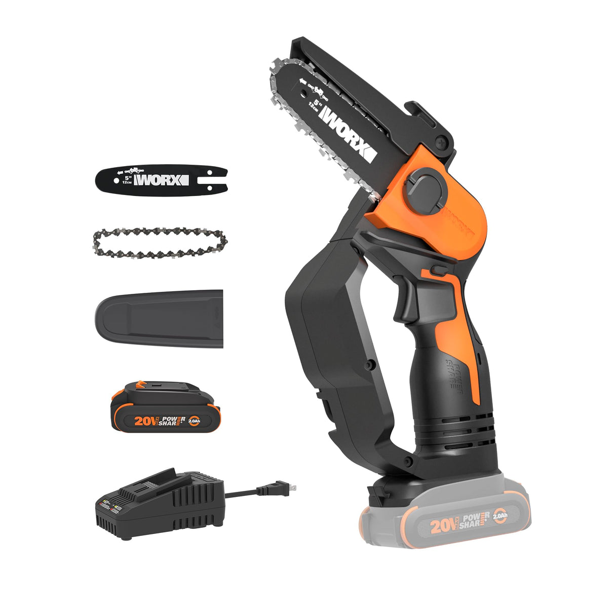 Worx 20V 5" Mini Cordless Chainsaw, 3.9 lbs, 22 ft/s Chain Speed, Power Share Battery, Upper & Hand Guard WG324 - Battery & Charger Included WORX