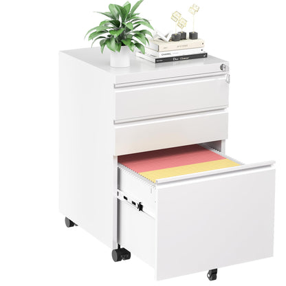 INTERGREAT 3 Drawer Filing Cabinet with Lock, Assembled White Mobile File Cabinet with Wheels, Rolling Small Metal Cabinets Under Desk for Home Office, Preassembled - WoodArtSupply