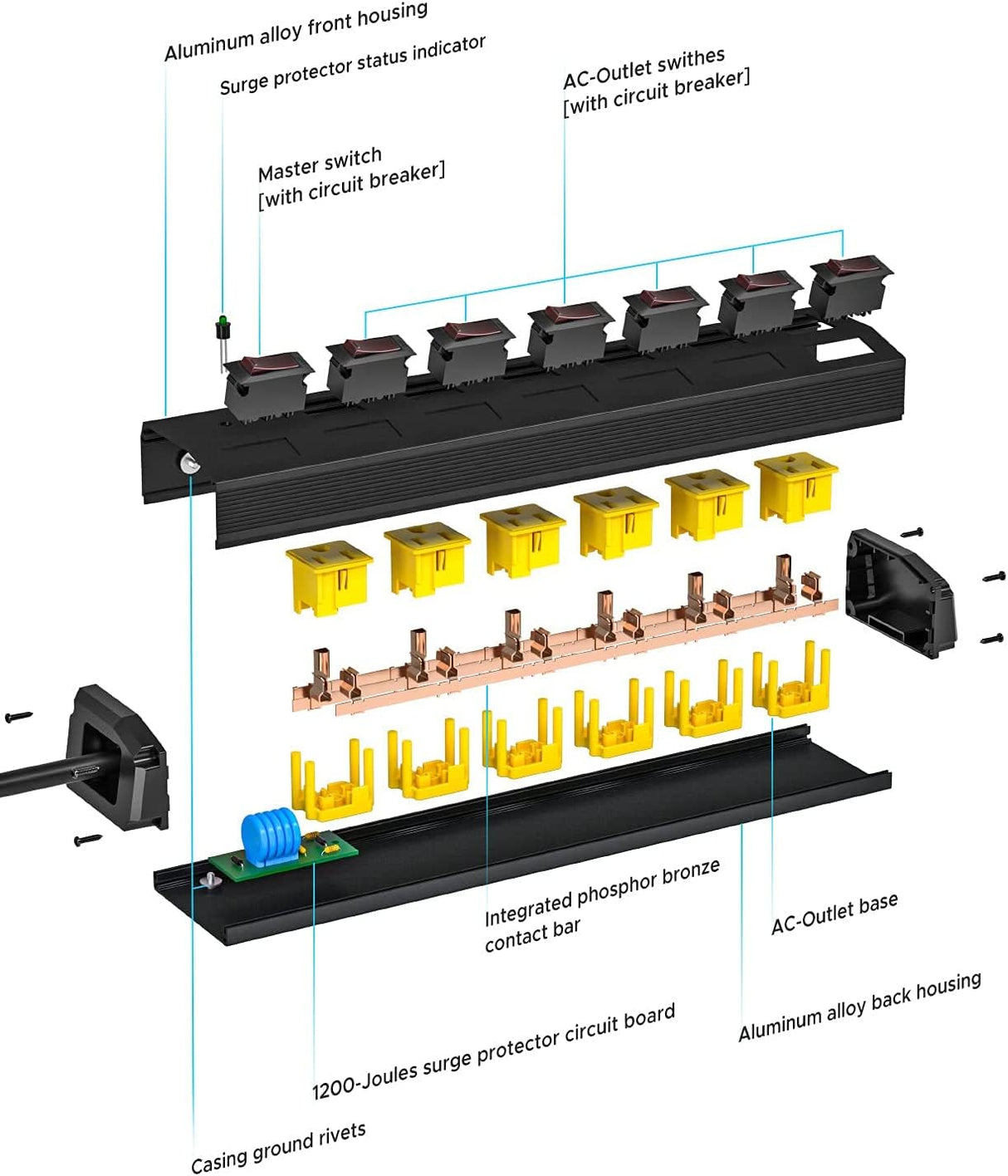CRST 6 Outlet Metal Heavy Duty Power Strip with Individual Switches, 6FT Wide Spaced Garage Power Strip, Mountable Power Strip Surge Protector (1200 Joules), 15amp/1875W, 14AWG SJT Power Cord CRST