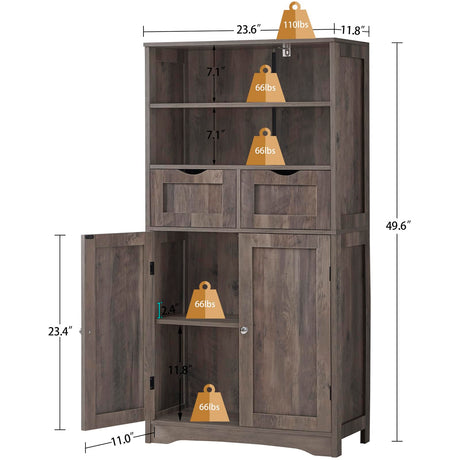 Iwell Tall Storage Cabinet with 2 Drawers & Adjustable Shelves, Bathroom Cabinet with Doors, Cupboard, Floor Cabinet for Living Room, Bedroom, Entryway, Rustic Gray Iwell