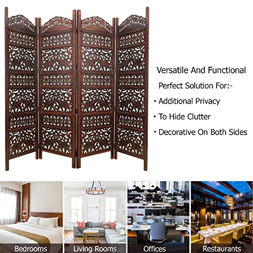 Room Divider Wood Screen - Elephant Hathi Walnut Brown - 4 Panel Fording 72x80 - Intricate Carved Room Décor Boho Portable Partition Privacy Screen Small Spaces Reversible Freestanding - COTTON CRAFT COTTON CRAFT