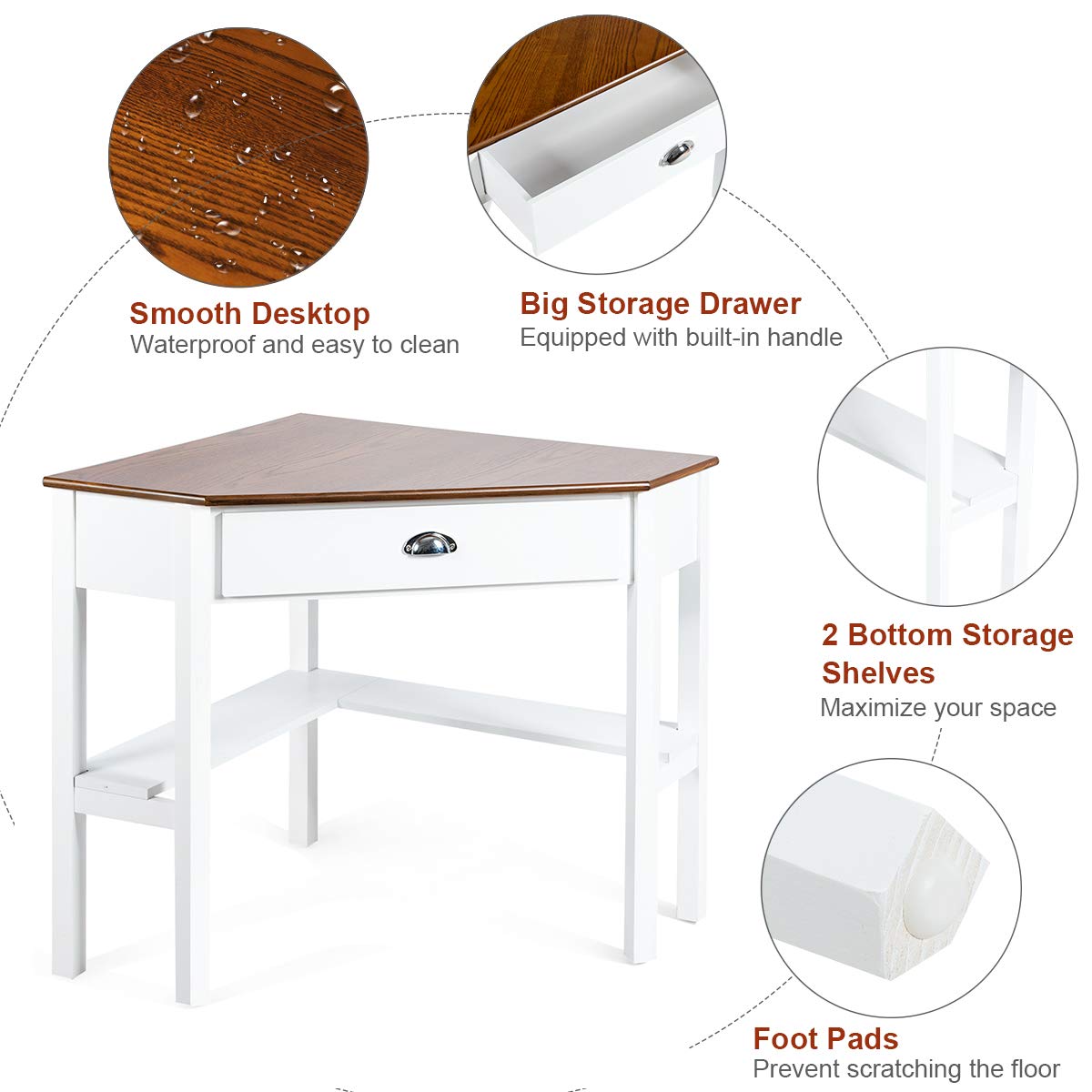Tangkula Corner Desk, Corner Computer Desk with Drawer for Small Space, Small Corner Makeup Vanity Desk, 90 Degrees Triangle Corner Desk with Storage Shelves (Natural & White) Tangkula