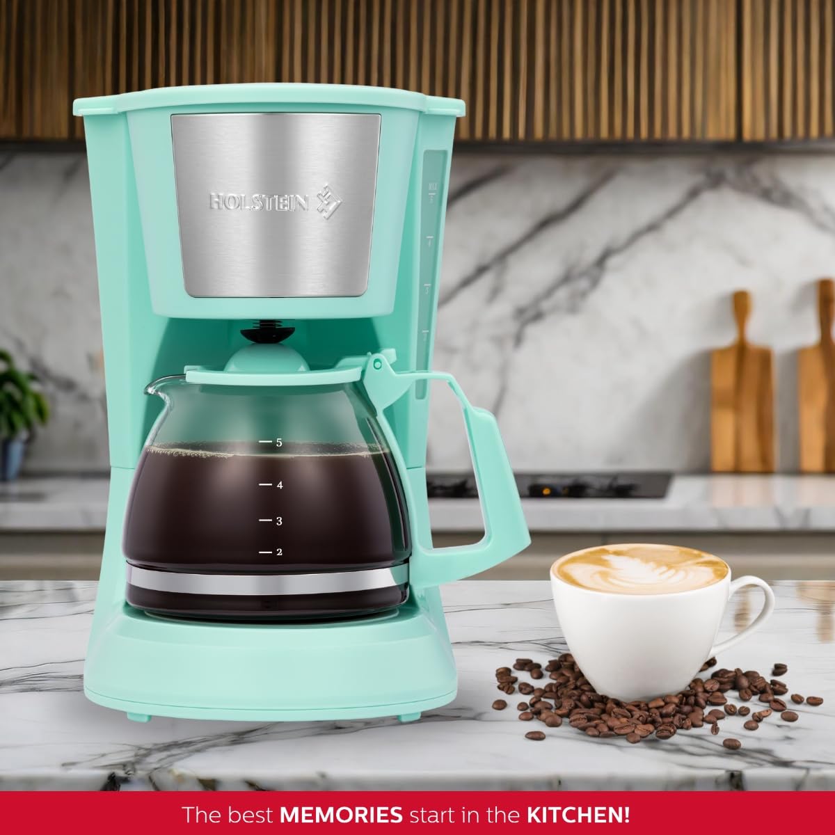Holstein Housewares - 5 Cup Drip Coffee Maker - Convenient and User Friendly with Permanent Filter, Borosilicate Glass Carafe, Water Level Indicator, Auto Pause/Serve and Keep Warm Functions, Mint Holstein Housewares