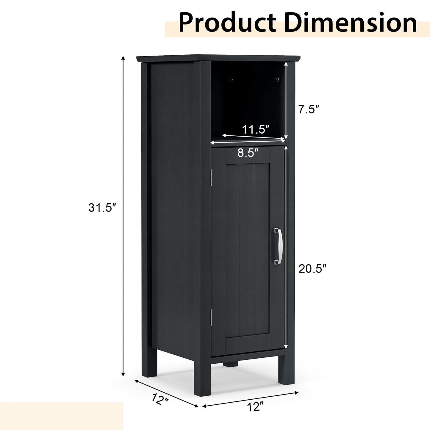 Tangkula Bathroom Floor Cabinet, Storage Cabinet with Anti-Tipping Device, 3-Height Adjustable Shelf, Wood Freestanding Side Cabinet for Bathroom Home Office, 12 x 12 x 31.5 Inches (Black)