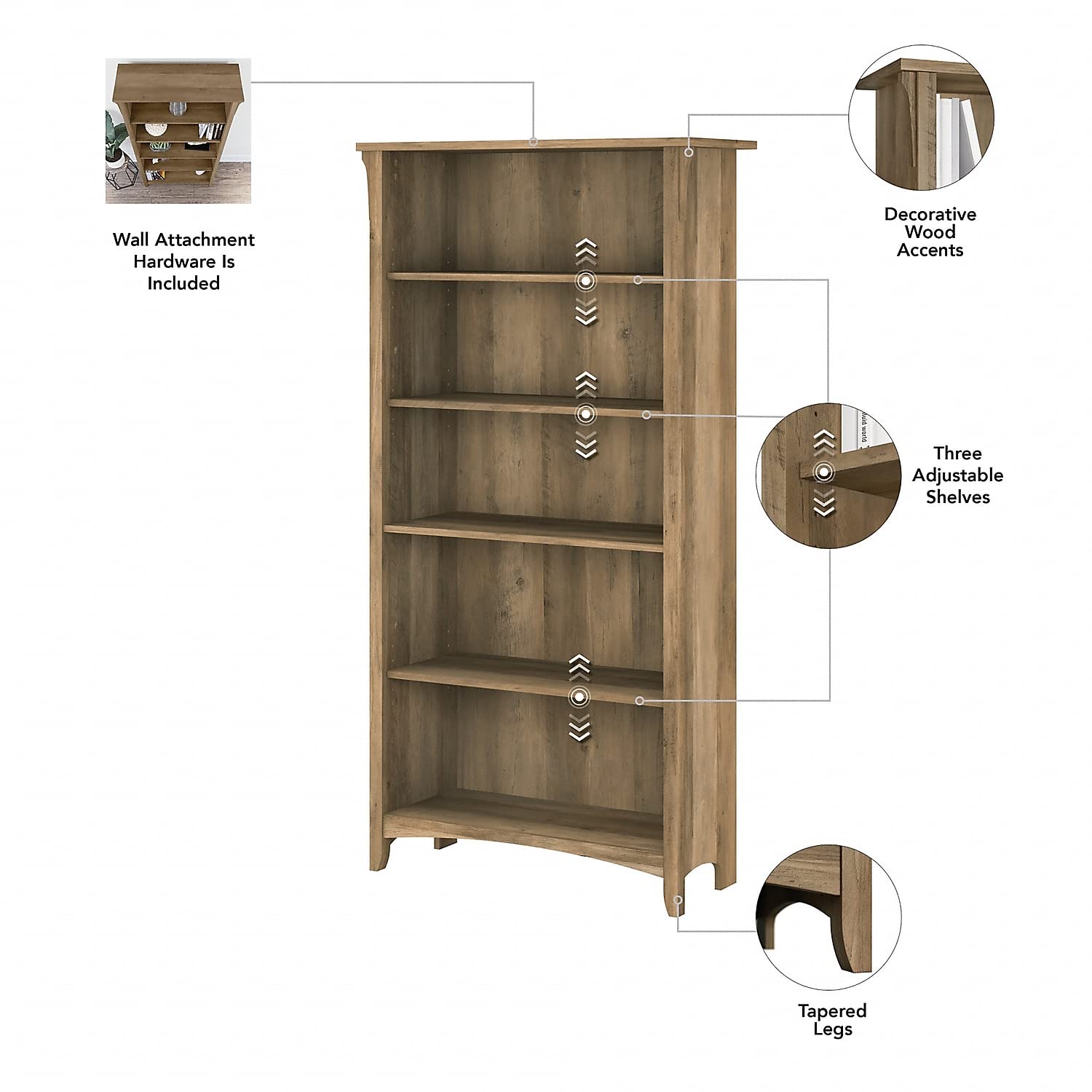 Bush Furniture Salinas 5-Shelf Tall Bookcase in Reclaimed Pine - WoodArtSupply