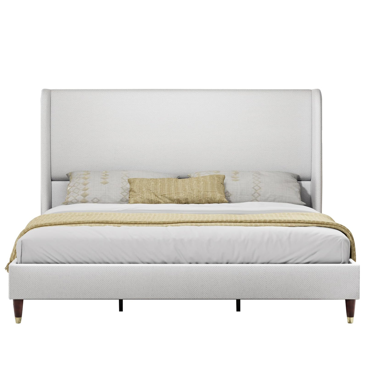 PaPaJet King Platform Bed Frame 51.2" High Headboard Tall Upholstered Bed/No Box Spring Required/Wood Slat Support/Easy Assembly White PaPaJet