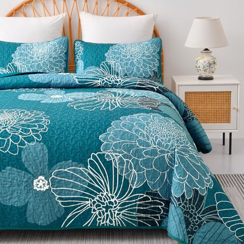 King Quilt Sets Teal Floral Pattern Quilt Bedding Set, 3 Pieces Botanical Quilt Bedspread Coverlet Set, Soft Microfiber Boho Flower Bed Coverlet Bedding Set for All Season(104" x 90) Anibedding
